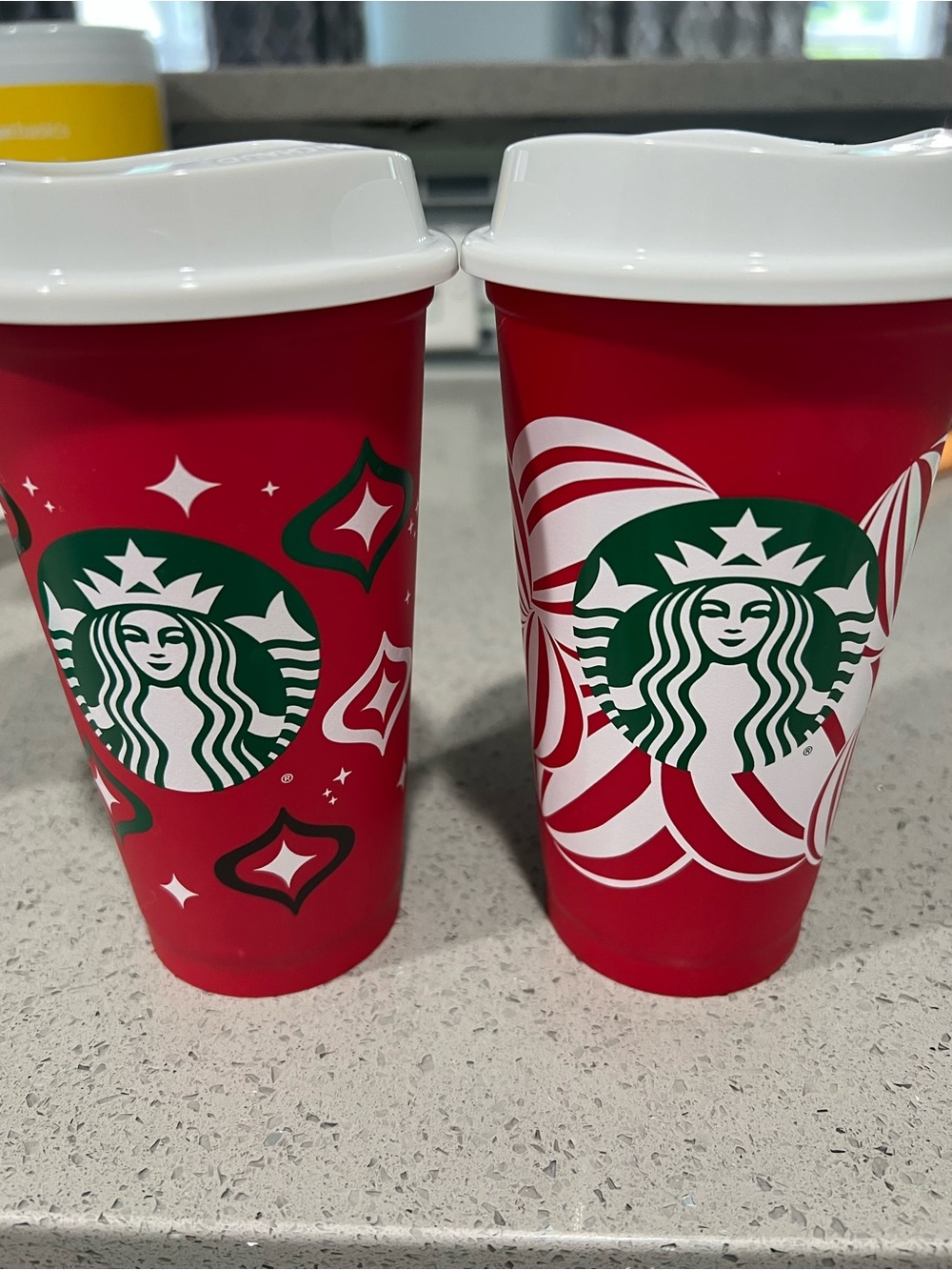 Starbucks Red Holiday Travel Cups with White Lids and Green Logo (Pair)